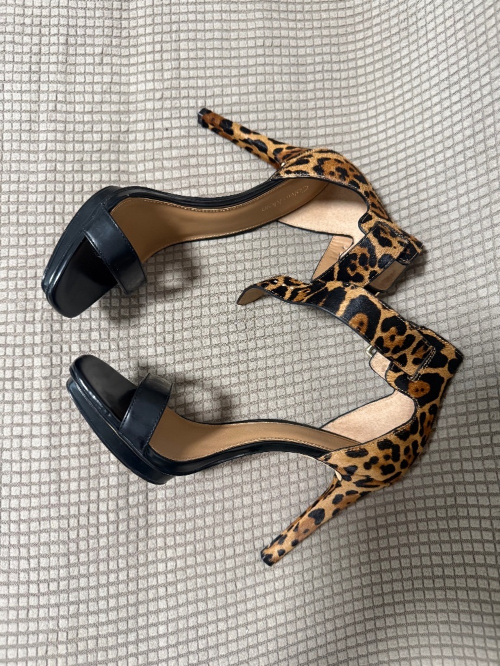 Calvin Klein Leopard Print Ankle-Strap Stiletto Heels - Black & Tan